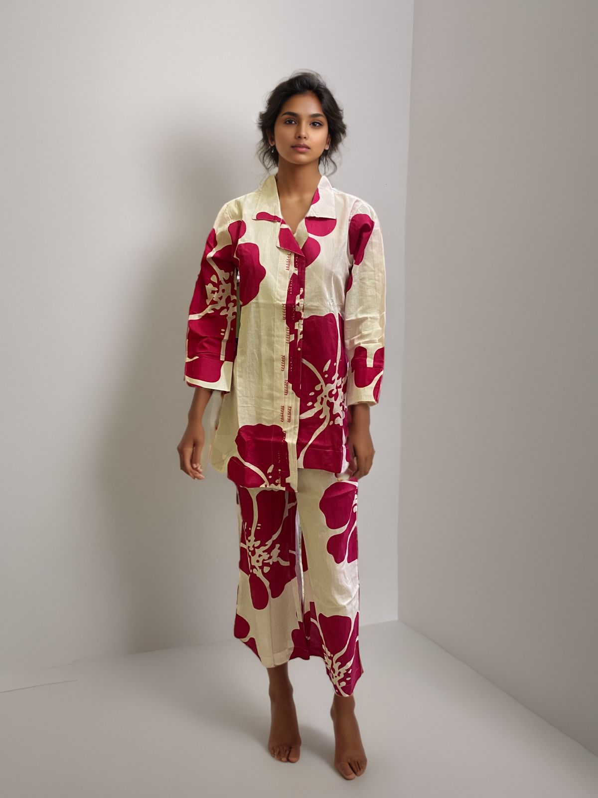 Beige & Crimson Abstract Floral Co-ord Set