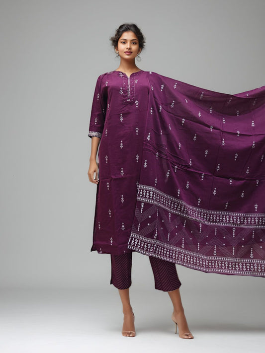 Plum Purple Hand-Block Printed Kurta Set with Dupatta – Graceful Festive Ensemble