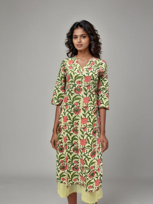 Bloom with Grace – Elegant Handblock Floral Kurti