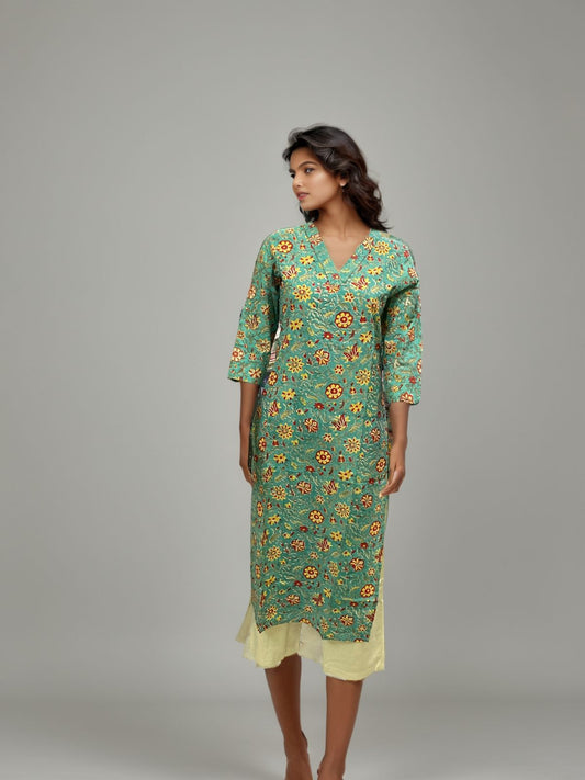 Botanic Bliss Green Printed Layered Kurti