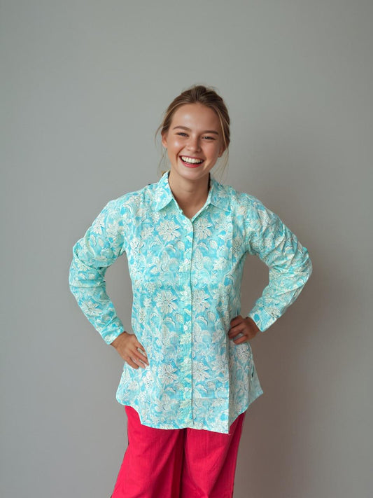 Natural Fab Women's Sky Blue Floral Cotton Shirt – Handblock Printed, Pure Cotton