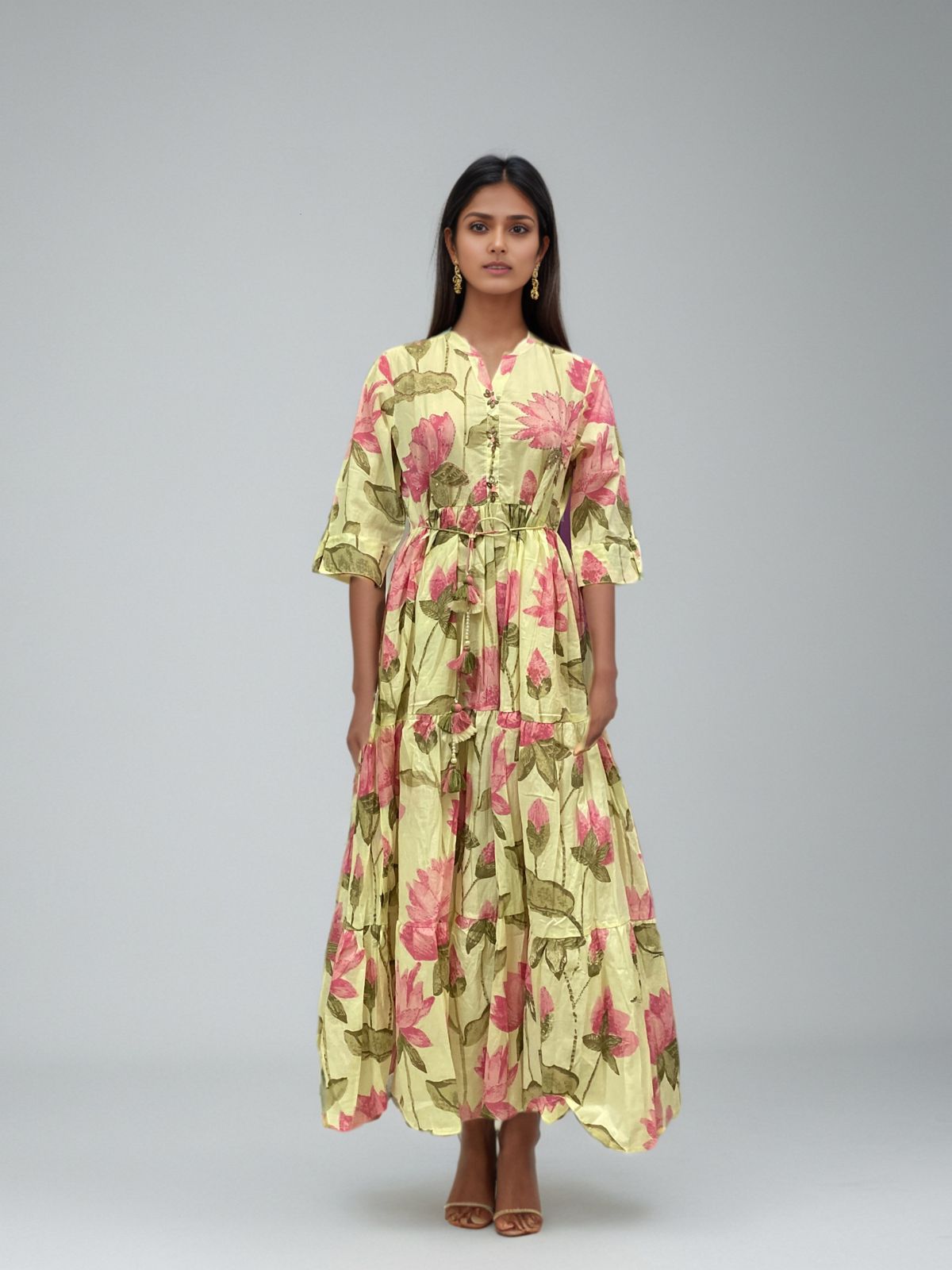 Lotus Bloom Anarkali Cotton Maxi Dress – Handblock Elegance in Pink & Olive