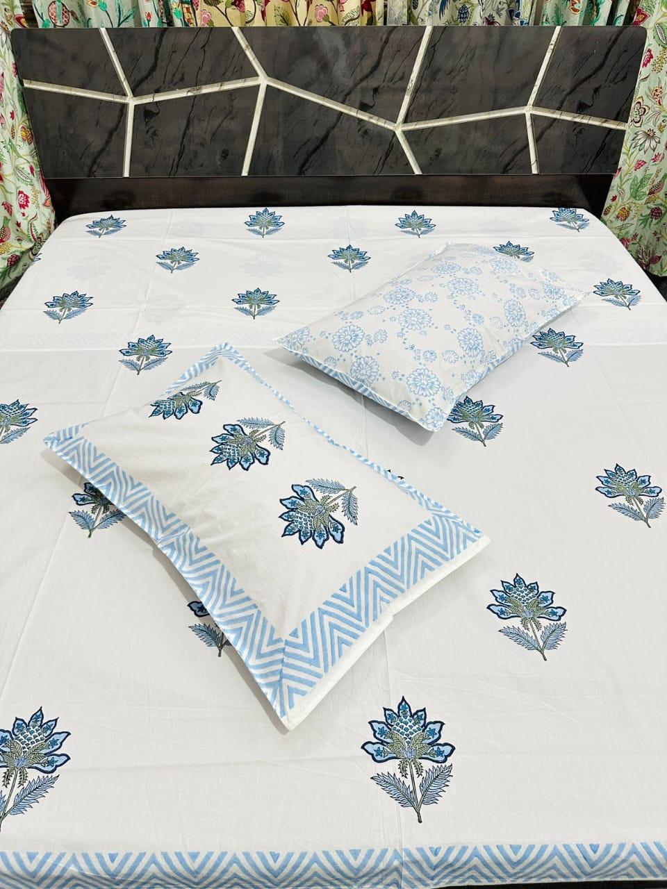 Handblock Printed Cotton Bedsheet – Fine Count with Blue Floral Motifs (Double Bed, 2 Pillow Covers)