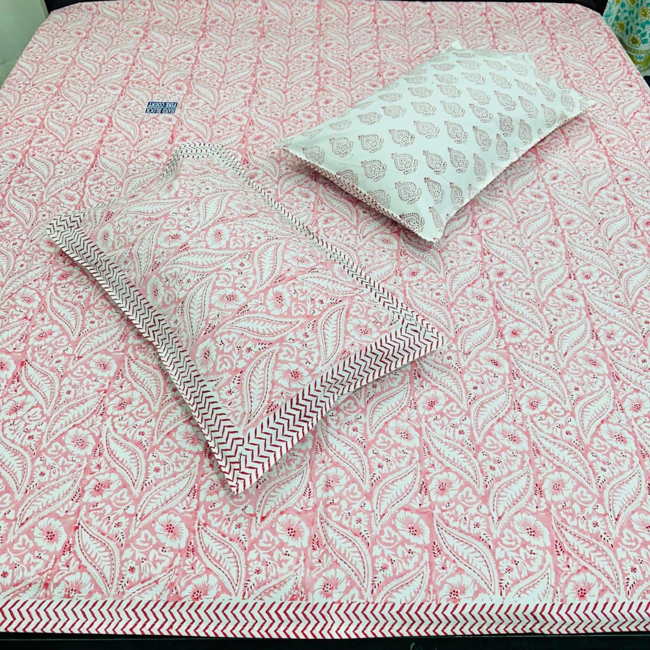 Handblock Printed Cotton Bedsheet – Pink Floral Pattern (Fine Count, Double Bed)