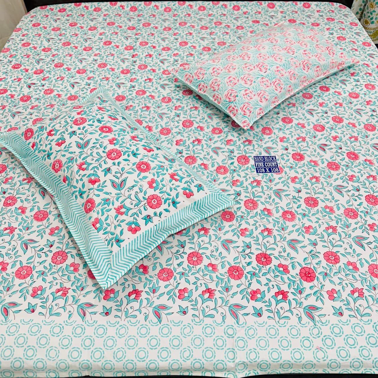 Elegant Handblock Print Bedsheet – Floral Leaf Motif, Fine Cotton