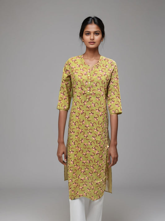 Floral Handblock Printed Cotton Kurta for Women – Mustard Yellow Ethnic Kurti | 3/4 Sleeves