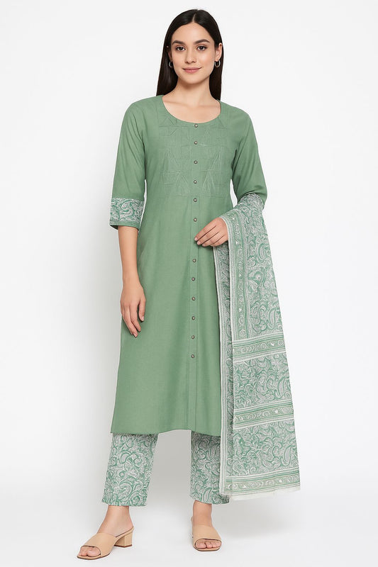 Sage Green Cotton Kurta Set with Printed Pants & Dupatta – Elegant Ethnic Wear by Natural Fab