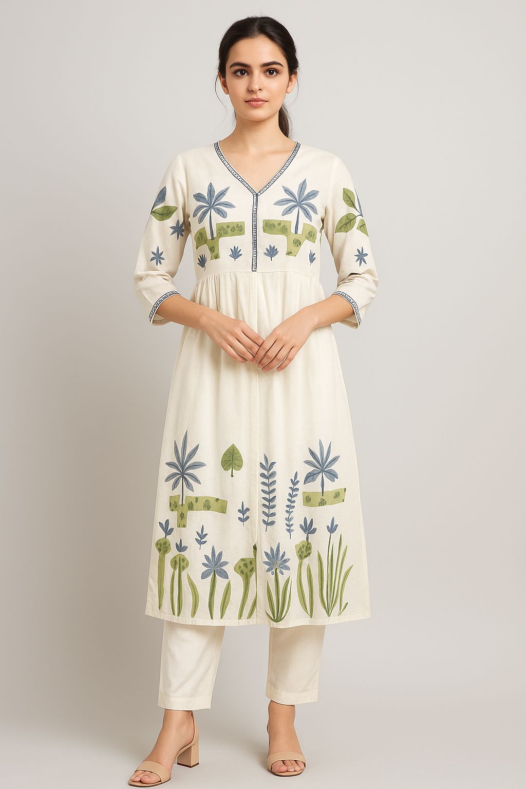 Elegant Hand-Block Printed Cotton Kurti Set for Women – Off-White with Nature Motifs