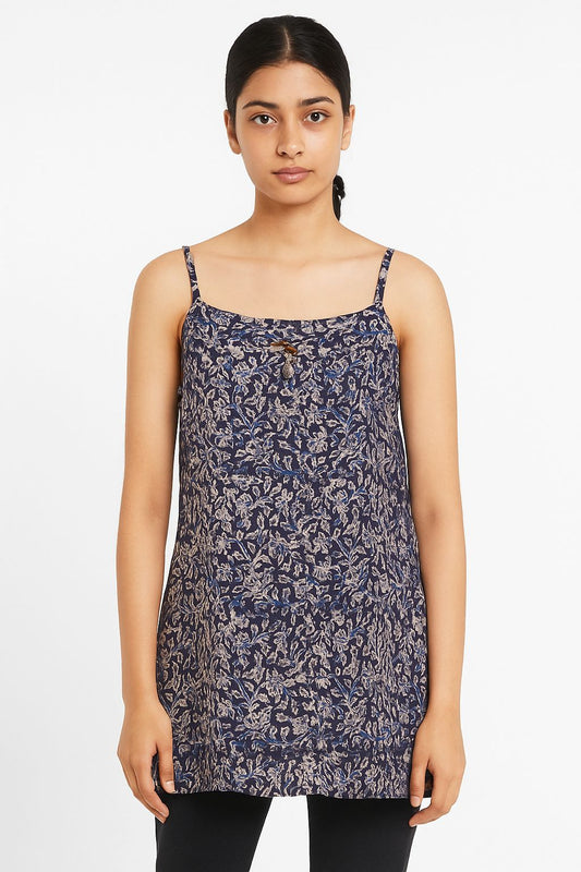 Elegant Navy Blue Cotton Sleeveless Kurti – Hand Block Printed Short Tunic for Women