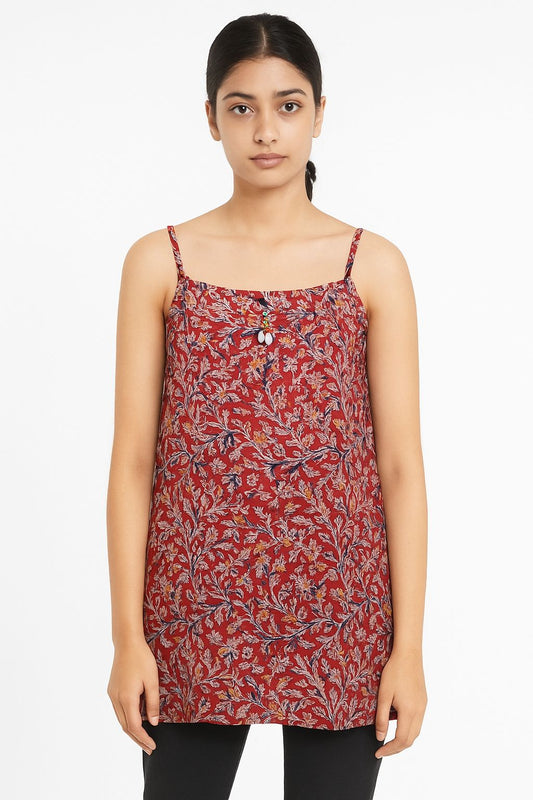 Red Floral Cotton Sleeveless Kurti for Women – Summer Short Tunic with Leaf Print