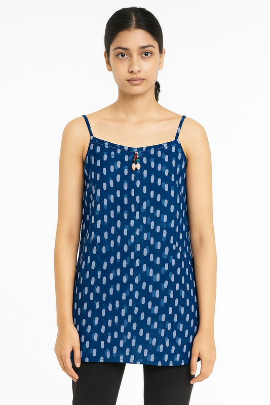 Blue Cotton Sleeveless Kurti for Women – Hand Block Printed Short Tunic with Dotted Pattern