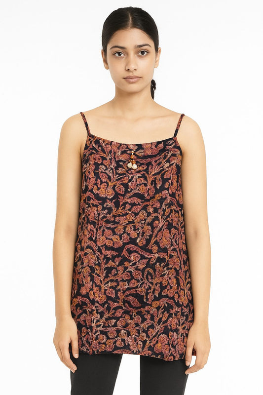 Black Cotton Sleeveless Kurti for Women – Floral Printed Summer Short Tunic Top