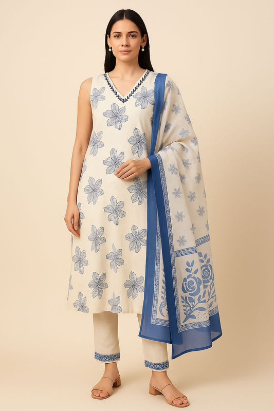 Elegant Cream and Blue Floral Cotton Kurti Set with Dupatta for Women – Sleeveless Summer Ethnic Wear