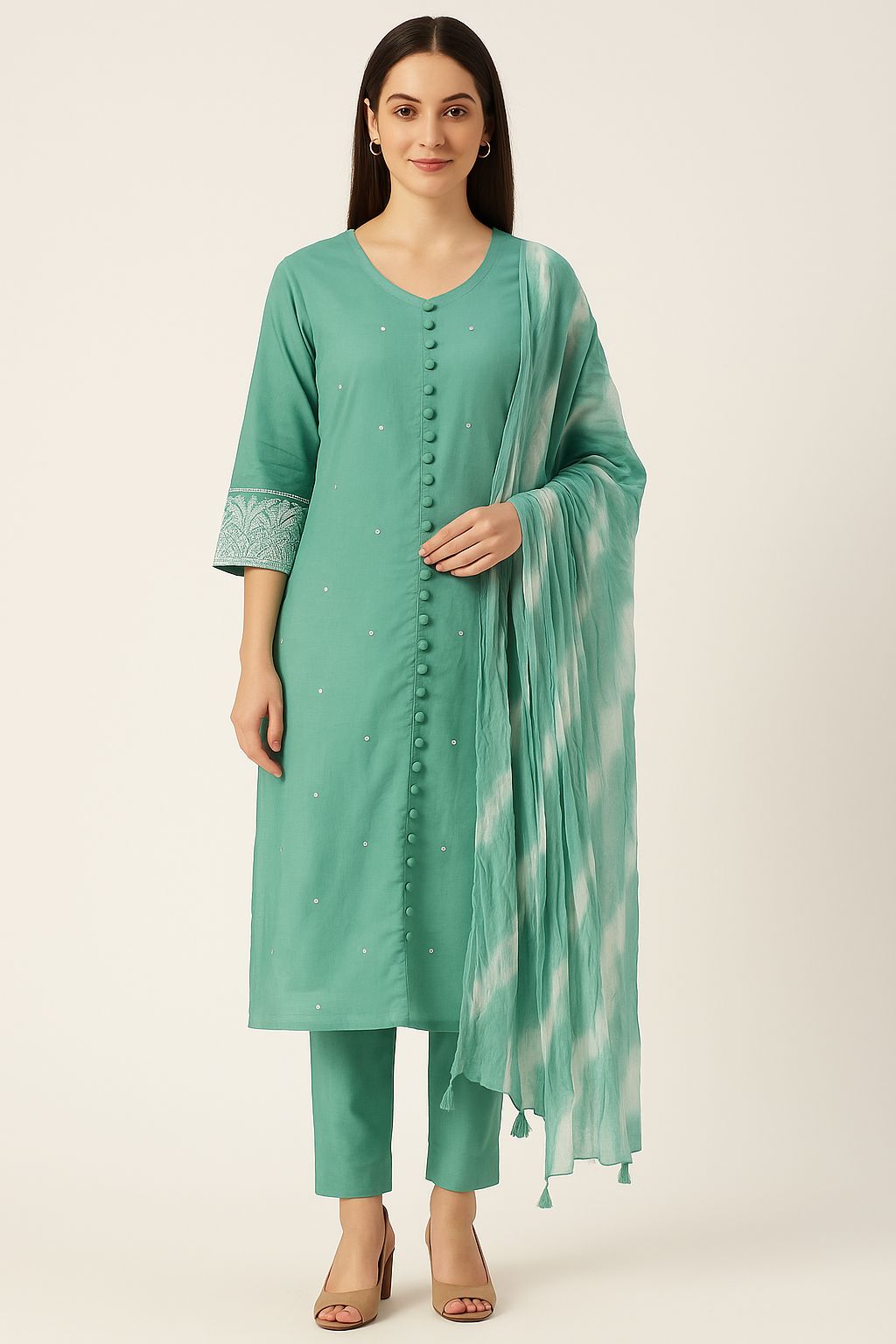 Solid Kurti Set with Embroidered Sleeves & Tie-Dye Dupatta – Graceful Festive Wear