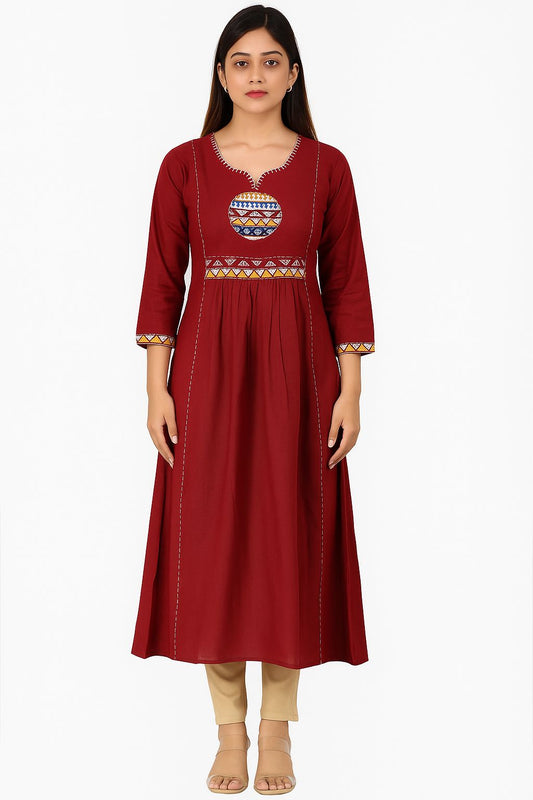 Elegant Maroon Cotton Kurti with Tribal Embroidery | Natural Fab Ethnic Wear