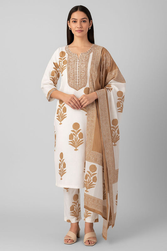 White & Beige Floral Print Cotton Kurti Set with Dupatta – 3 Piece Ethnic Wear for Women
