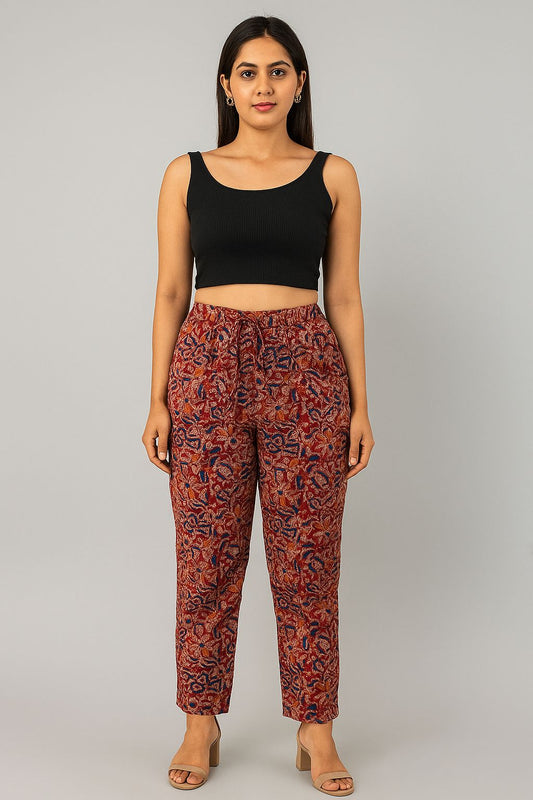 Women's Red Kalamkari Print Cotton Straight Pants | Natural Fab