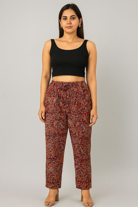 Women's Rust Red Handblock Cotton Straight Pants | Ethnic Floral Print | Natural Fab