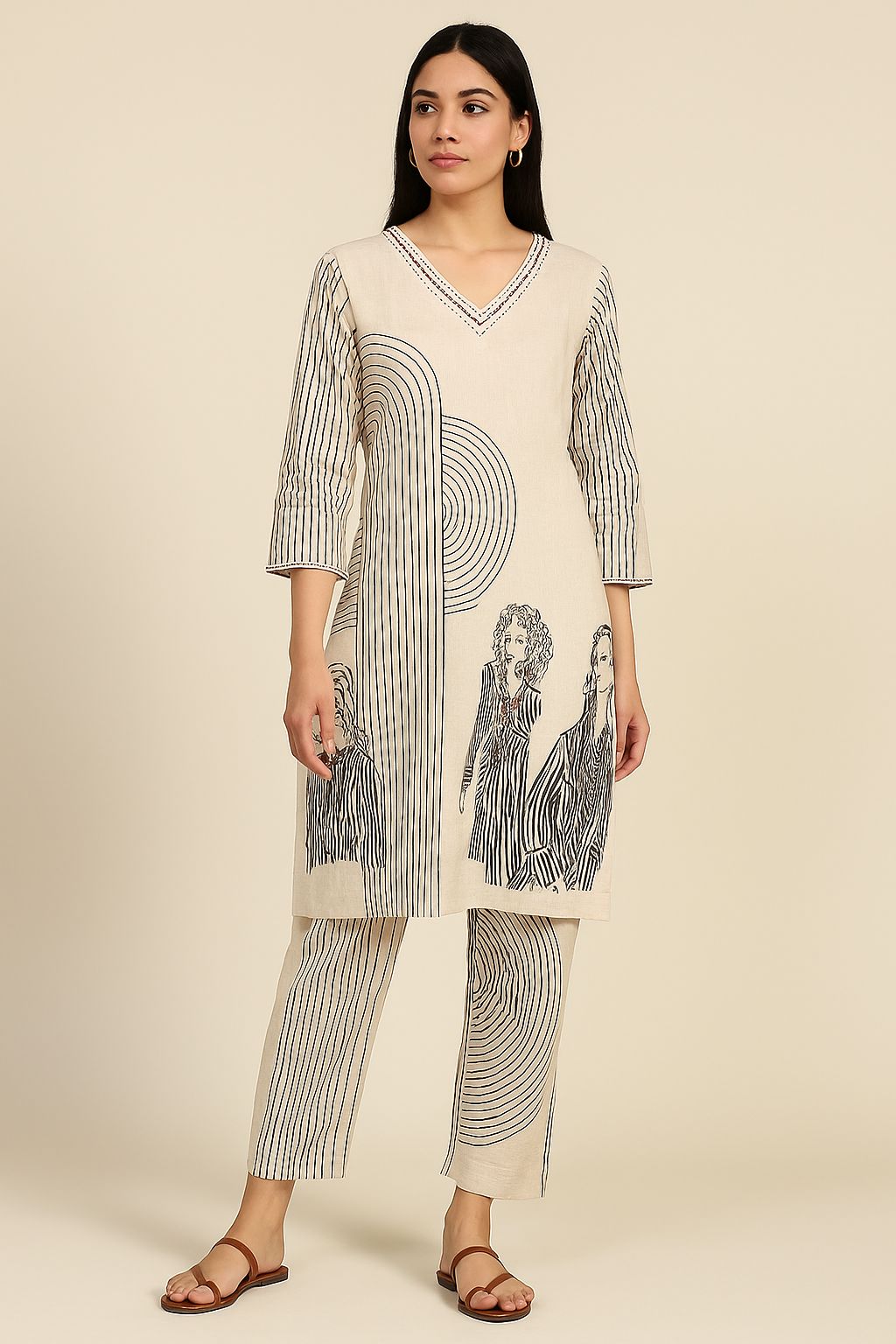 Women’s Beige Cotton Printed Kurta Set with Artistic Abstract Design – 2-Piece Summer Ethnic Co-ord Set