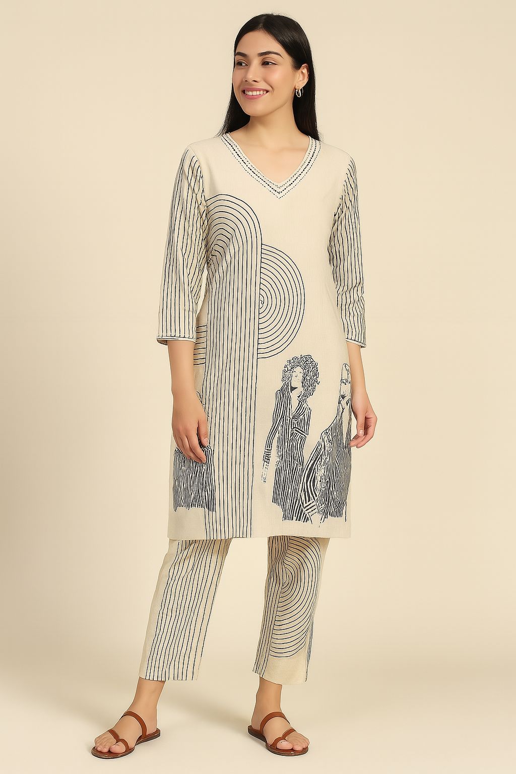 Women’s Beige Cotton Printed Kurta Set with Artistic Abstract Design – 2-Piece Summer Ethnic Co-ord Set