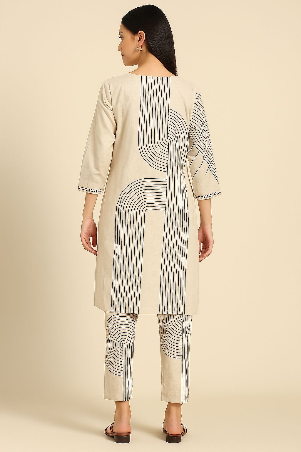 Women’s Beige Cotton Printed Kurta Set with Artistic Abstract Design – 2-Piece Summer Ethnic Co-ord Set