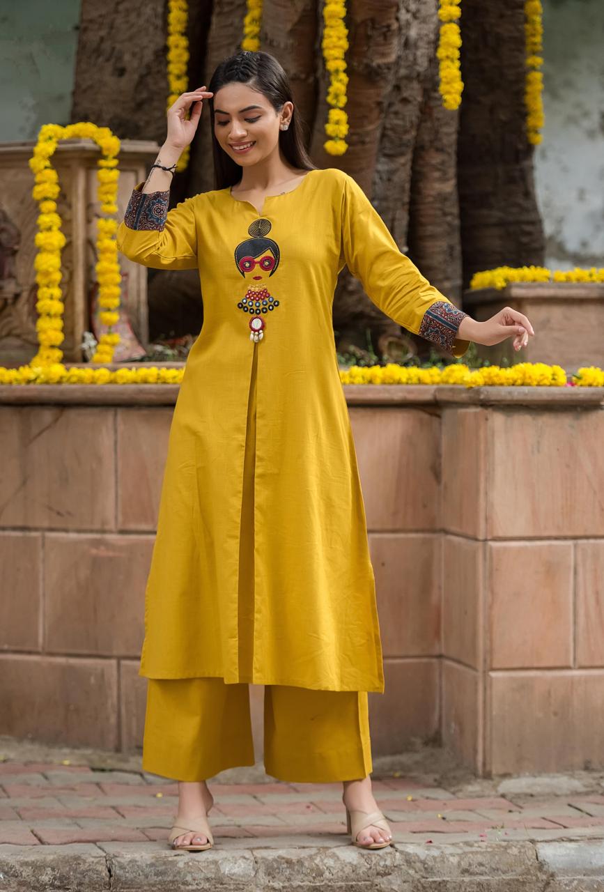 Mustard Yellow Cotton Kurta Set for Women | Handcrafted Embroidered Kurti with Palazzo | Ethnic Wear by Natural Fab