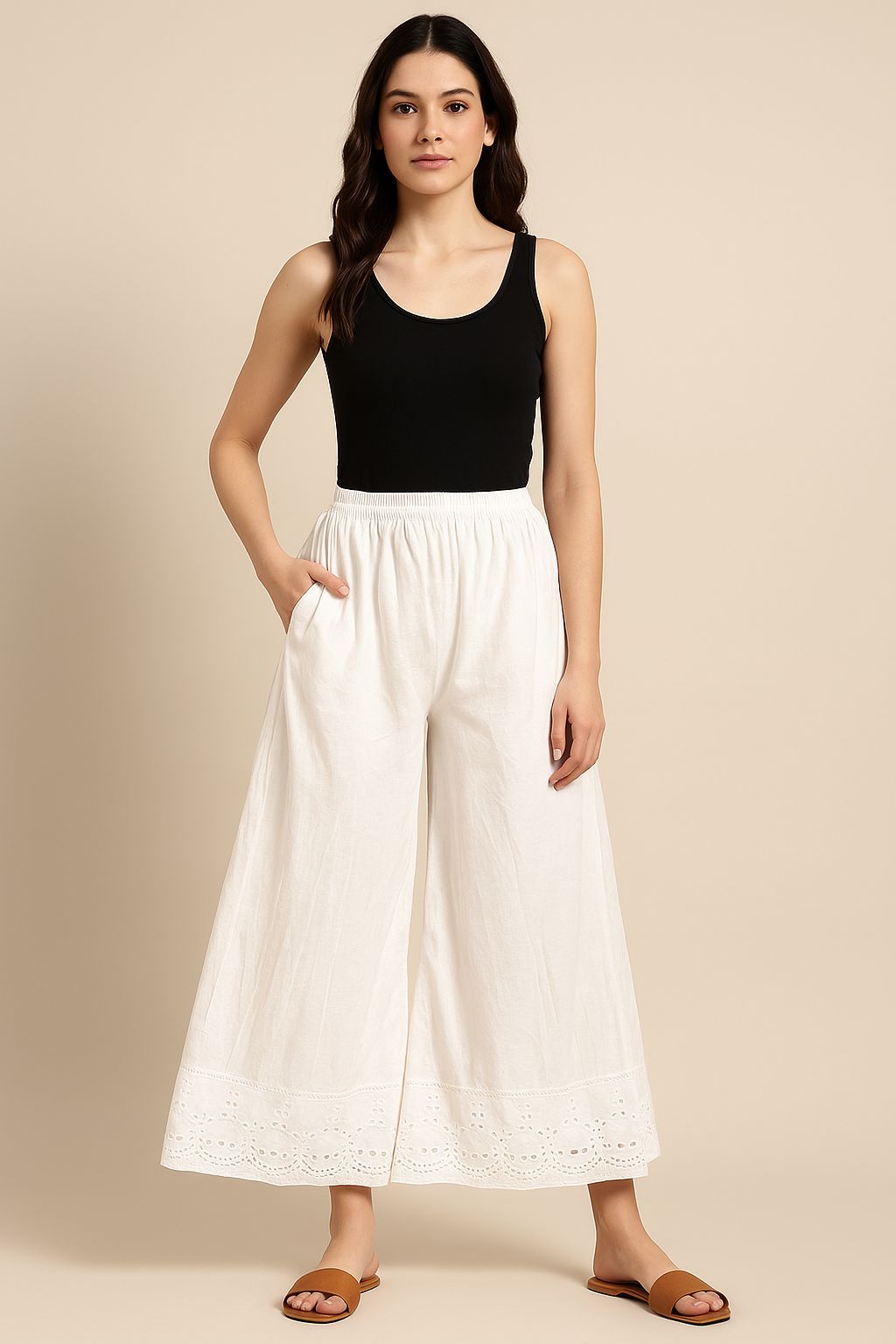 Women's White Cotton Divider Palazzo Pants with Embroidered Hem | Summer Flowy Culottes