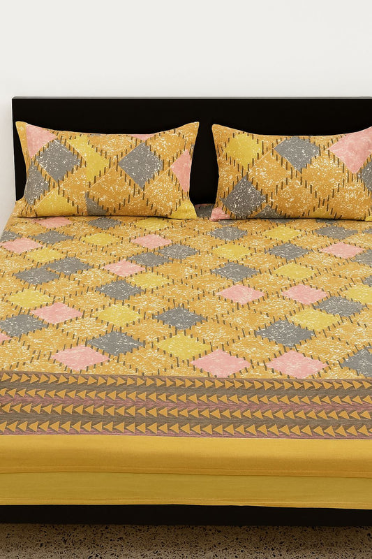 Bright Mustard Cotton Double Bedsheet Set with Pillow Covers – Ethnic Geometric Diamond Print