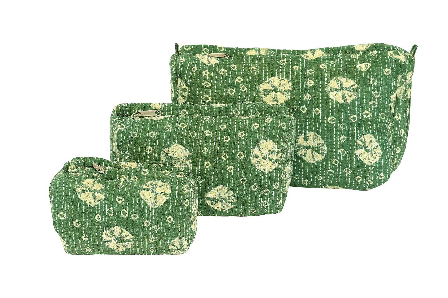 Handcrafted Green Cotton Quilted Pouch Set – Set of 3 | Travel & Toiletry Organizers