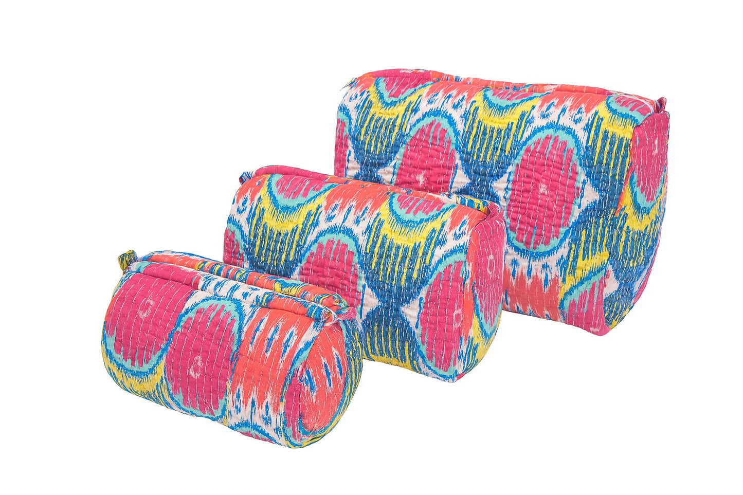 Bold Multicolor Ikat Quilted Cotton Pouch Set – Set of 3 | Handcrafted Travel & Cosmetic Organizers