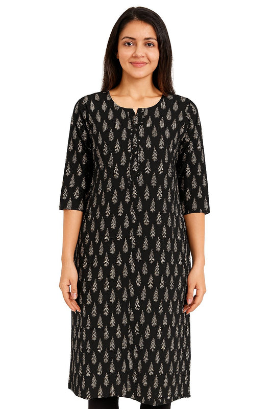 Black Cotton Printed Straight Kurti for Women – Elegant Leaf Motif | Office & Casual Wear