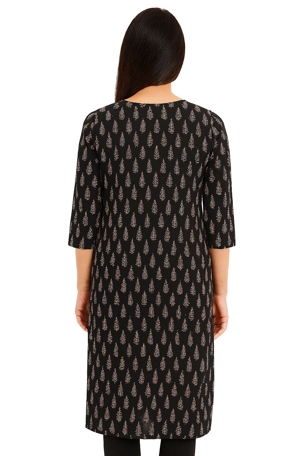 Black Cotton Printed Straight Kurti for Women – Elegant Leaf Motif | Office & Casual Wear