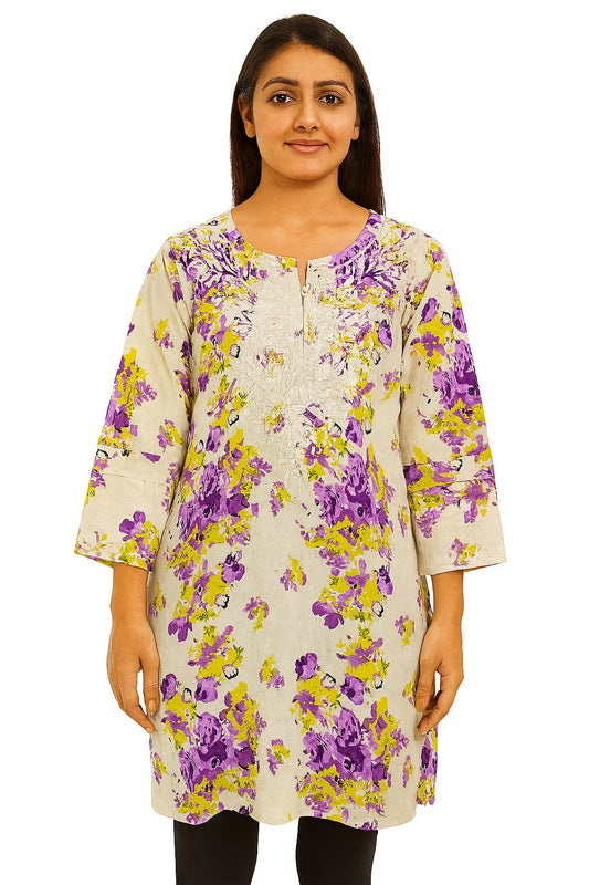 Floral Printed Short Kurti for Women – Lavender & Yellow Cotton Blend Tunic | 3/4 Sleeves