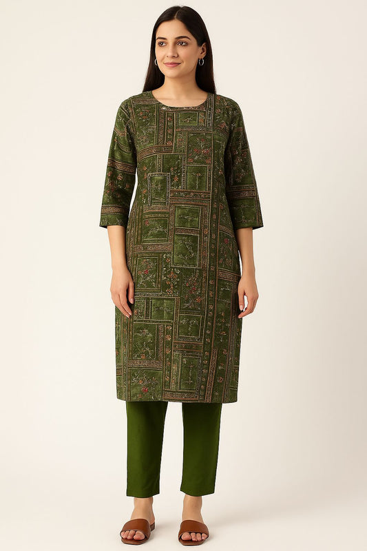 Olive Green Khata Work Cotton Kurti Set with Straight Pants – Natural Fab