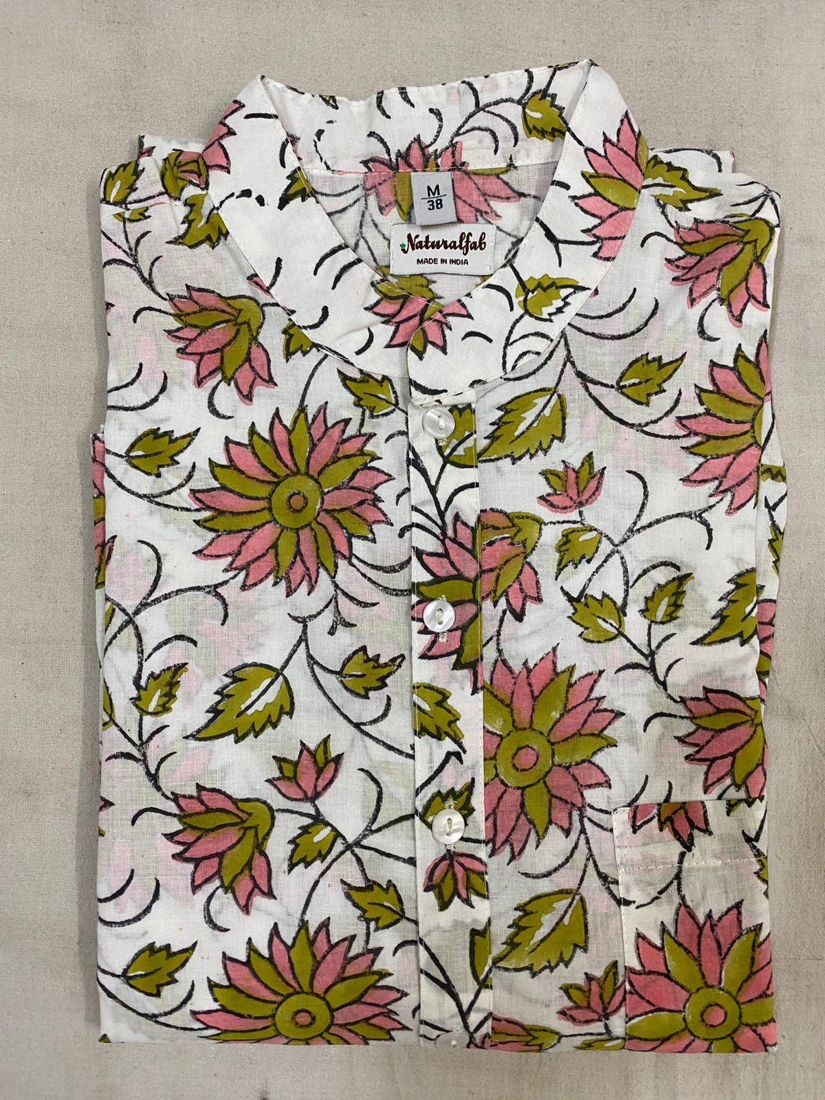 Men's Floral Handblock Printed Cotton Long Kurta – Cream Base with Pink & Yellow Motifs