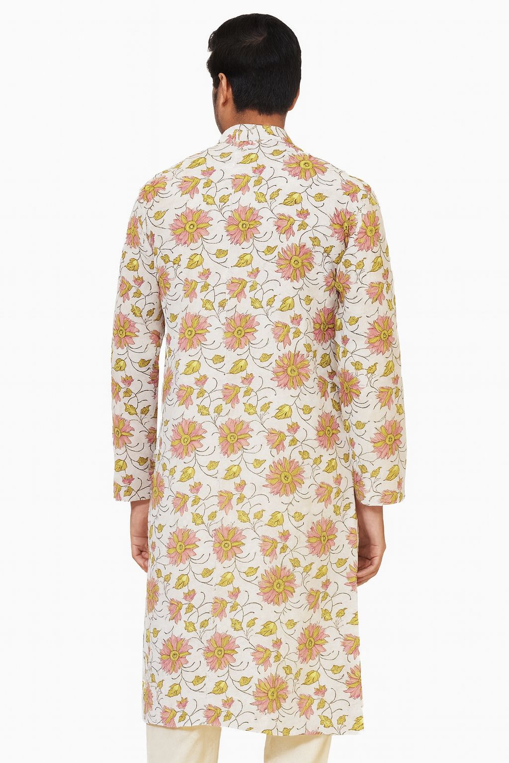 Men's Floral Handblock Printed Cotton Long Kurta – Cream Base with Pink & Yellow Motifs