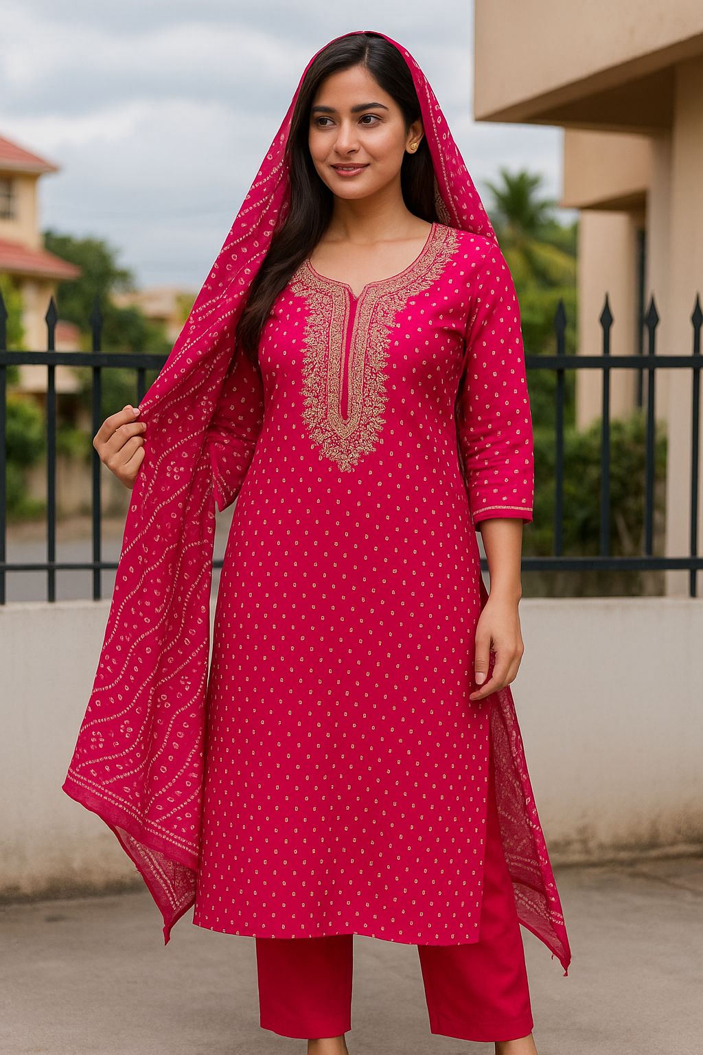 Elegant Pink Bandhani Print Kurti Set with Embroidered Neckline