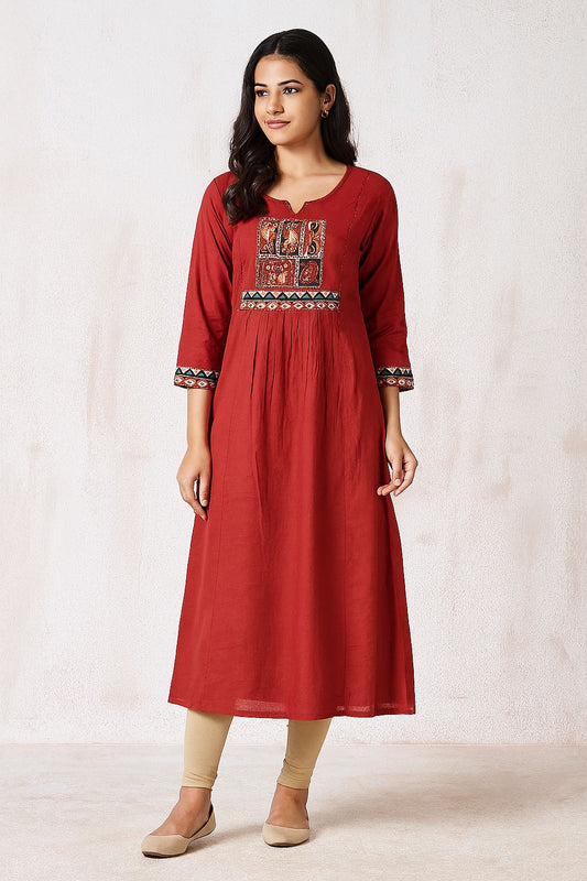 Maroon Cotton A-Line Kurta with Embroidered Yoke & 3/4th Sleeves