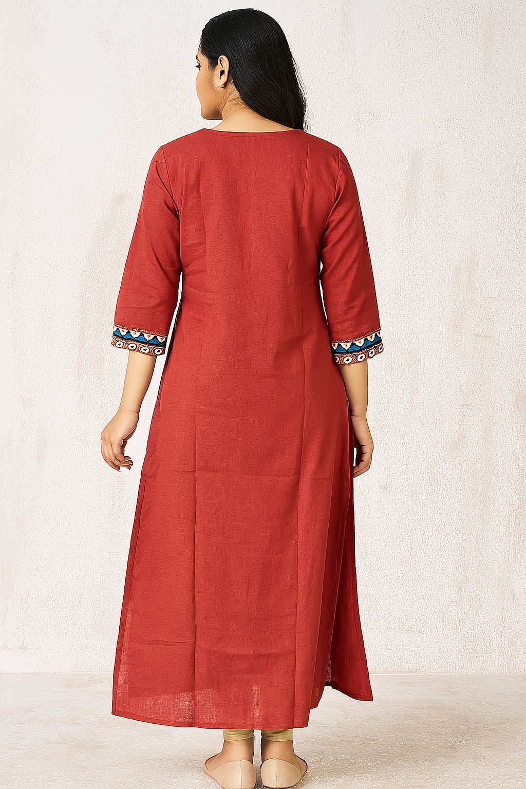 Maroon Cotton A-Line Kurta with Embroidered Yoke & 3/4th Sleeves