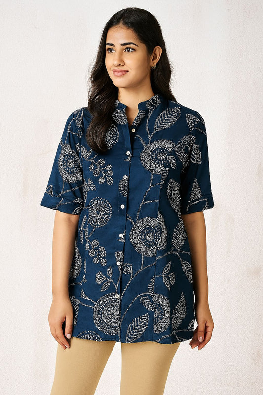 Navy Blue Cotton Printed Short Kurti with Half Sleeves