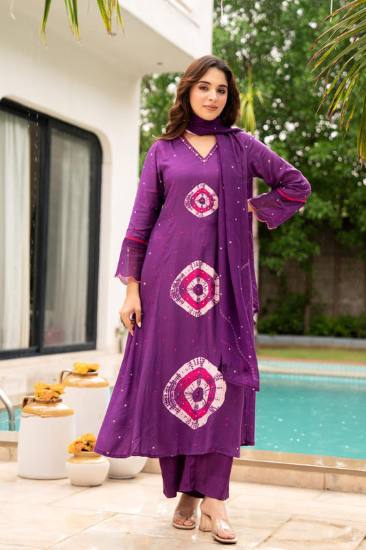 Purple Shibori Print Women’s Kurta Set with Dupatta