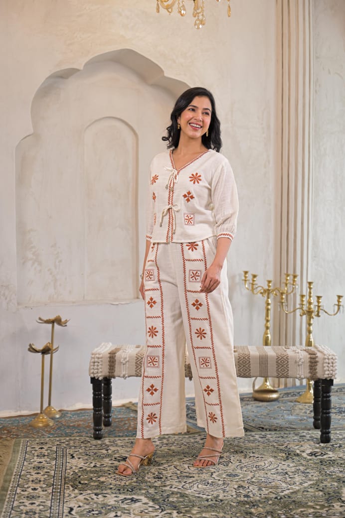 Cream Co-Ord Set with Handcrafted Rust Floral Embroidery