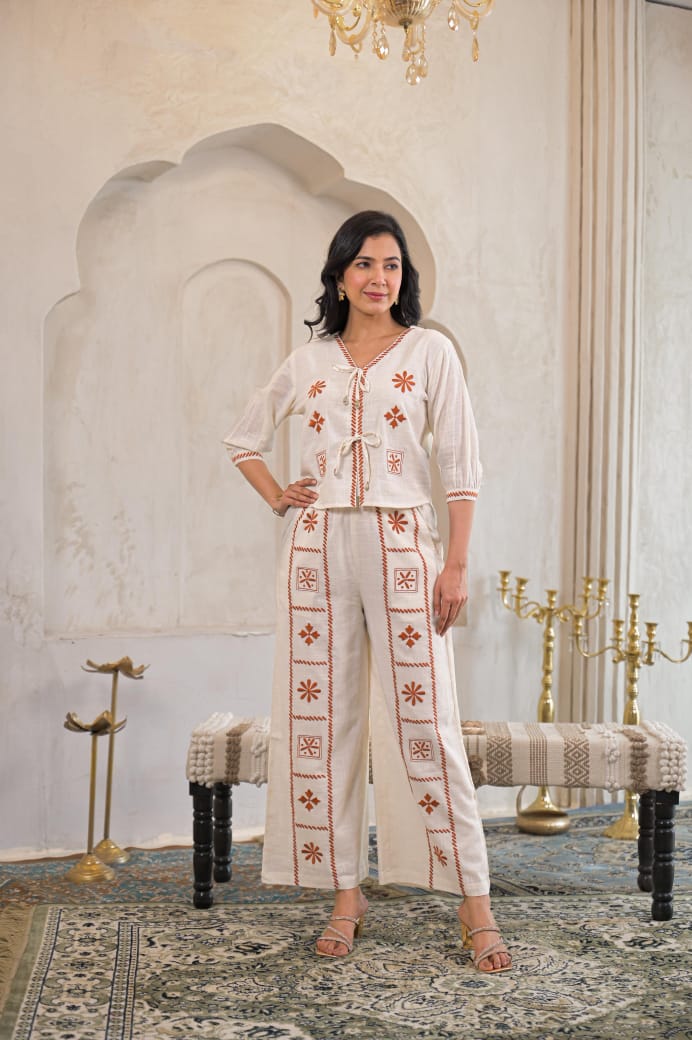 Cream Co-Ord Set with Handcrafted Rust Floral Embroidery
