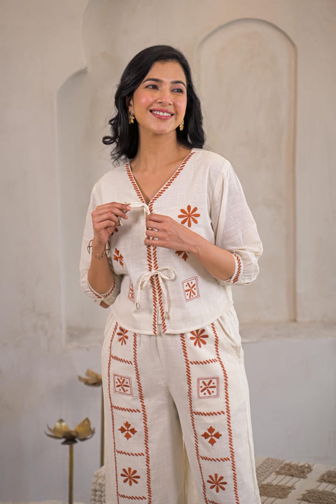 Cream Co-Ord Set with Handcrafted Rust Floral Embroidery