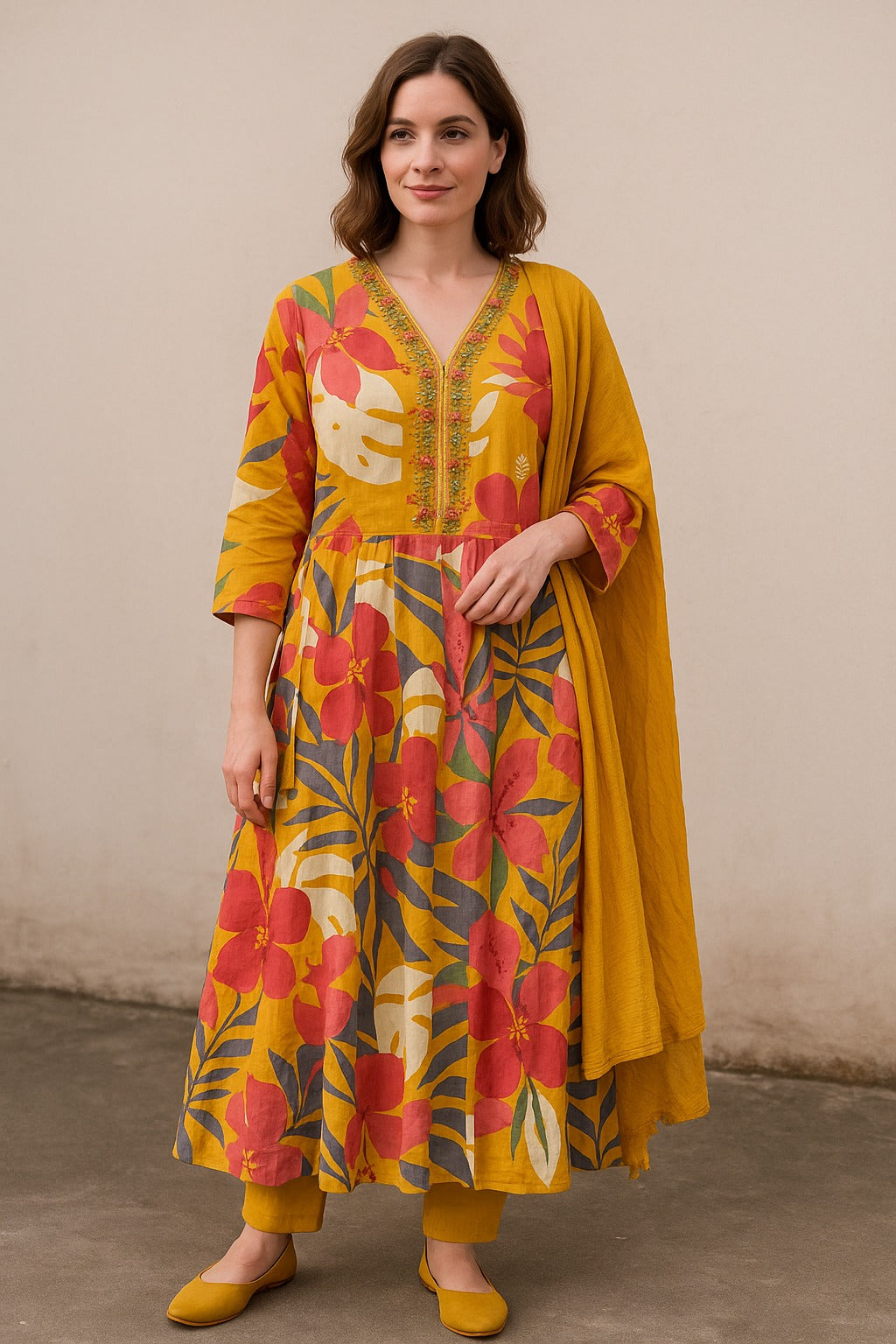 Yellow Crape Silk Floral Print Kurti Set with Dupatta – Festive & Ethnic Women’s Wear