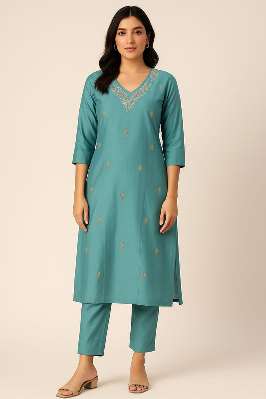Teal Cotton Embroidered Straight Kurti Set with Pants for Women