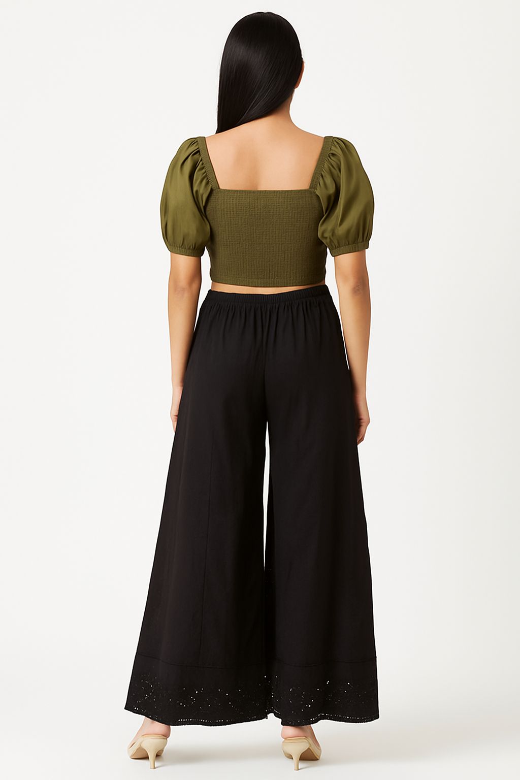 Women’s Black Cotton Palazzo Pants with Pocket & Embroidered Hem – Stylish Wide Leg Bottoms