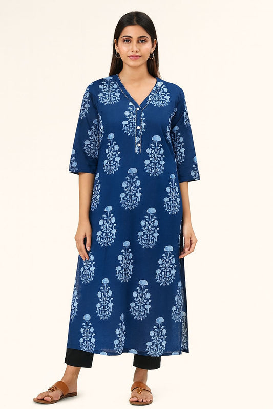 Women’s Blue Cotton Printed Straight Kurti with V-Neck & 3/4 Sleeves