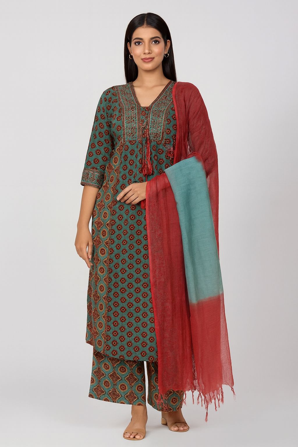 Green Cotton Printed Kurti Set with Dupatta – Ethnic Wear for Women