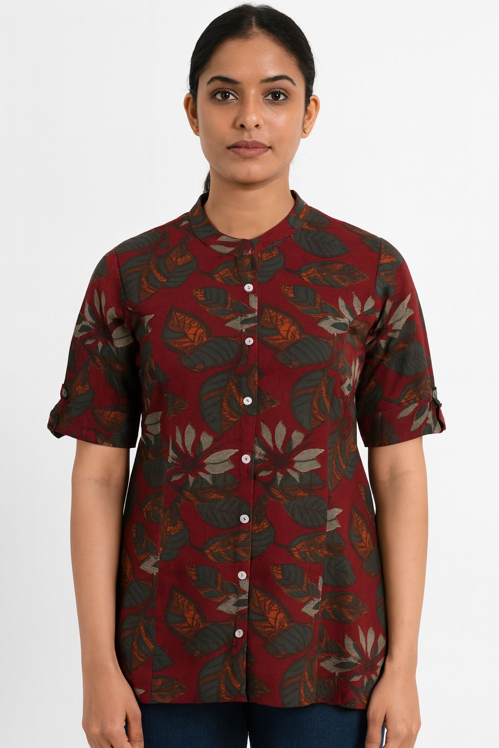 Women’s Maroon Floral Printed Cotton Short Kurti with Mandarin Collar & Half Sleeves